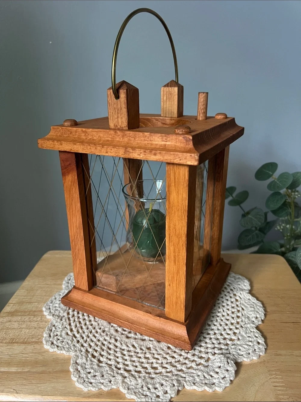 Rustic Wooden Lantern W/ Handle- Natural Brown 1980s Handmade